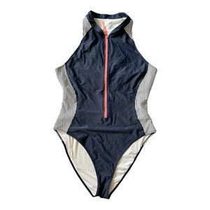 Southern Tide Navy One-Piece Swimsuit with White Stripes and Pink Zip